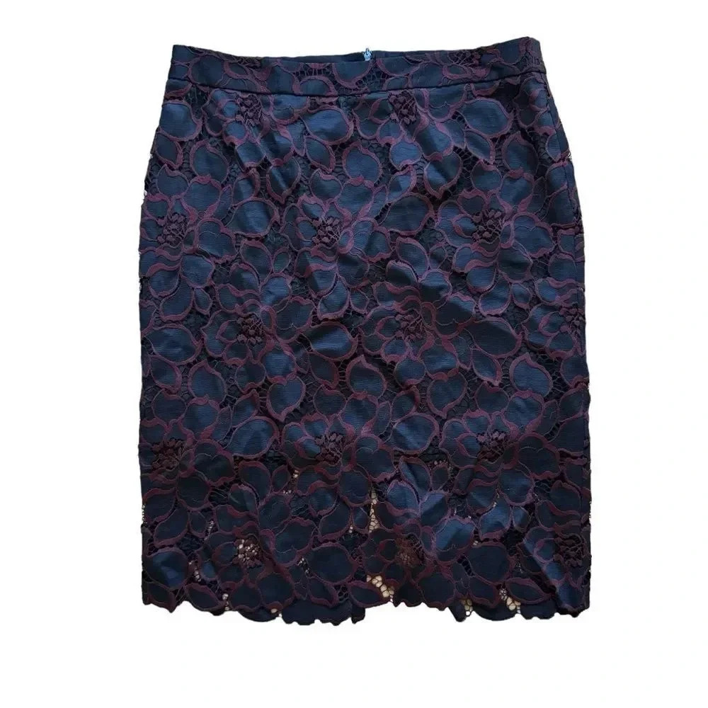 Trina Turk Lace Pencil Skirt Black Red Straight Floral Silk Blend Classic 10
